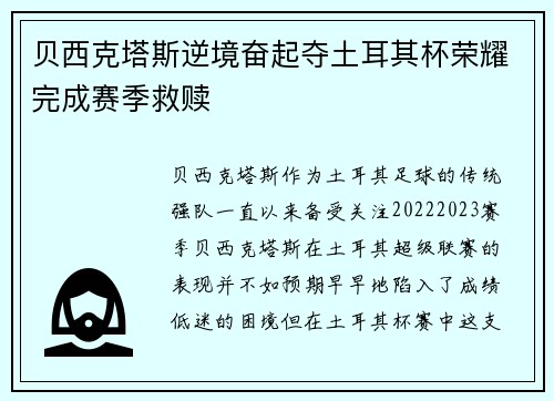 贝西克塔斯逆境奋起夺土耳其杯荣耀完成赛季救赎 贝西克塔斯逆境奋起夺土耳其杯荣耀完成赛季救赎
